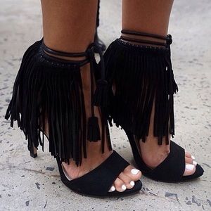 ZARA • FRINGE FRINGED HIGH HEELS STRAPPY BLACK